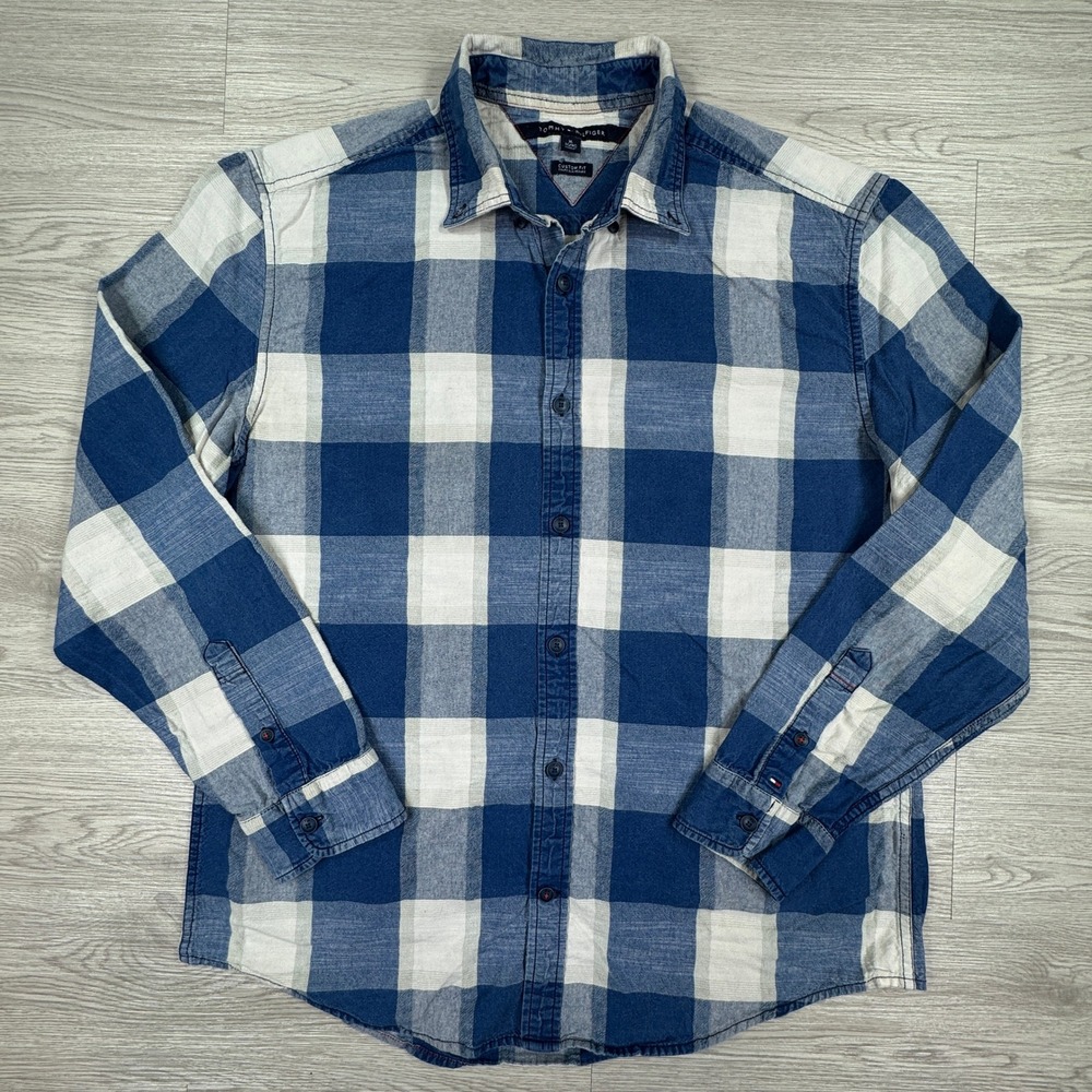 Tommy Hilfiger Mens Button Down Shirt Custom Fit Blue Plaid XL Buffalo Check